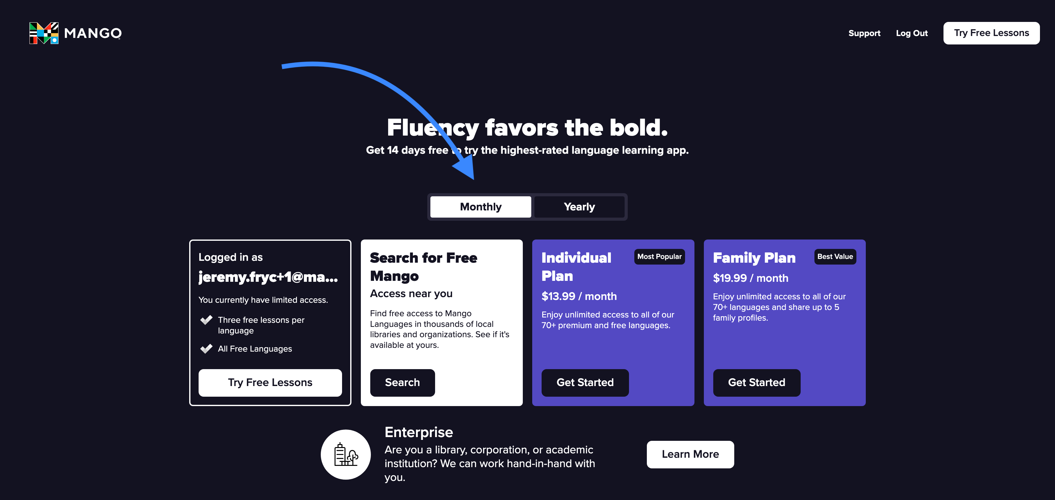 A screenshot of the monthly subscripion selected