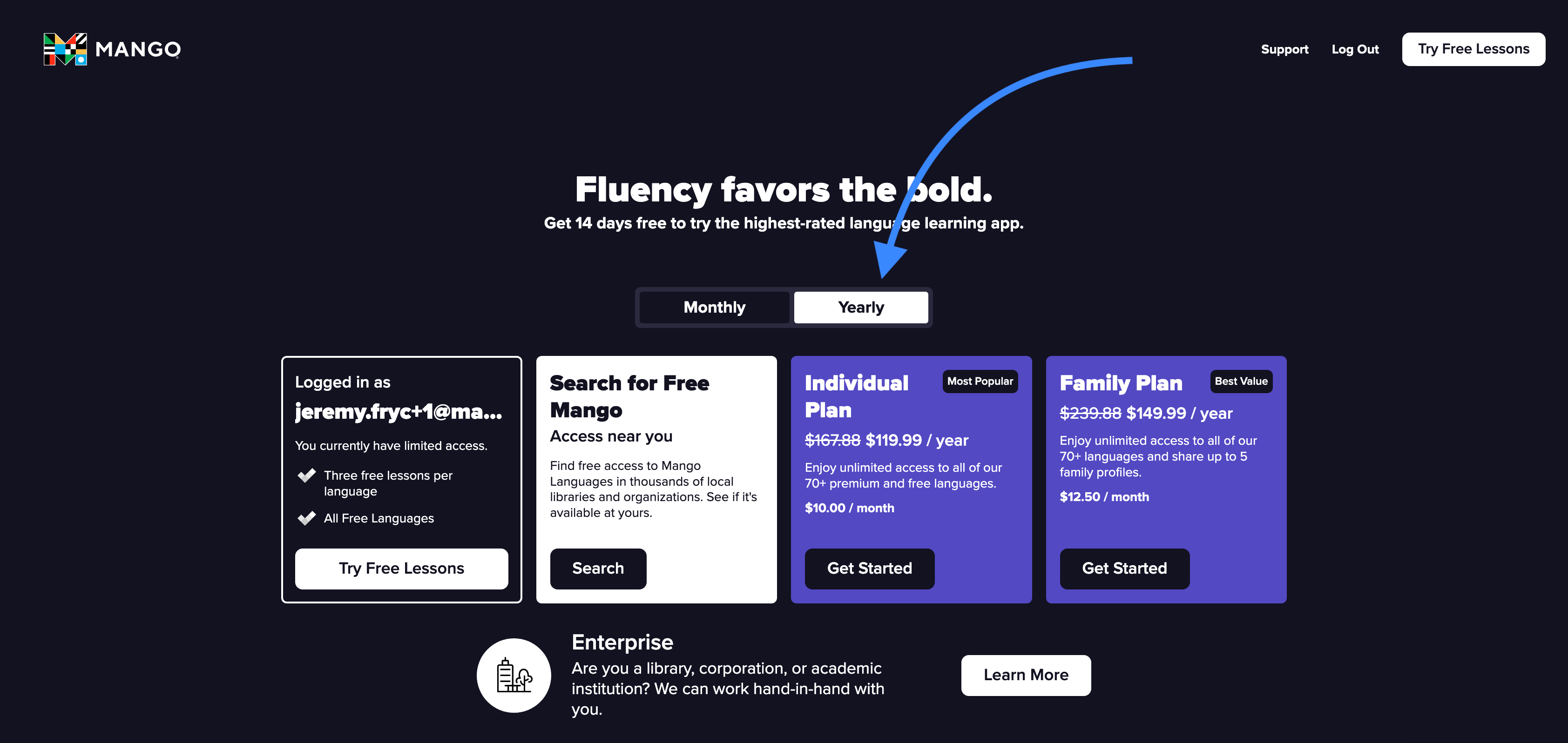 A screenshot of the yearly subscripion selected