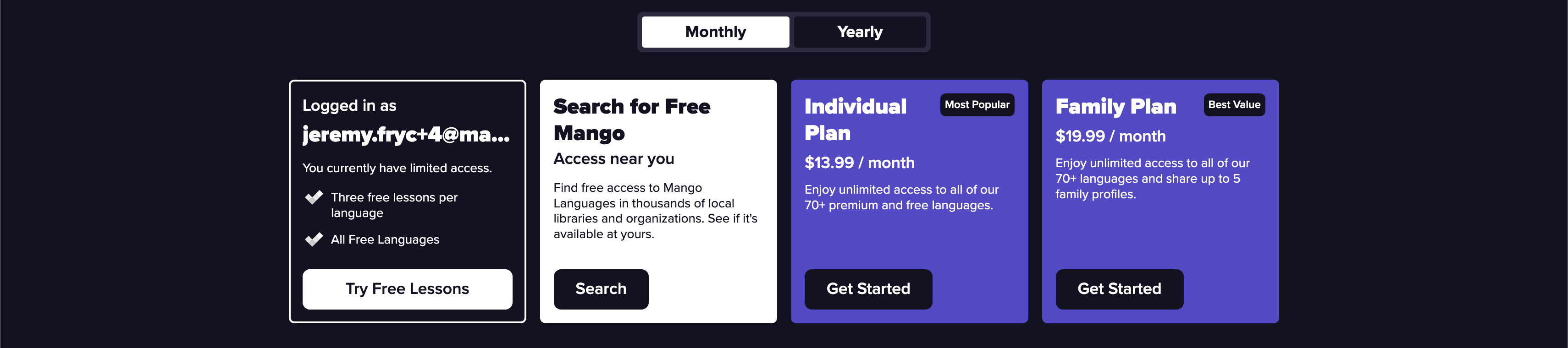 A screenshot of the upgrade screen with four options - Try Free Lessons, Search for Free Mango, Individual Plan, and Family Plan