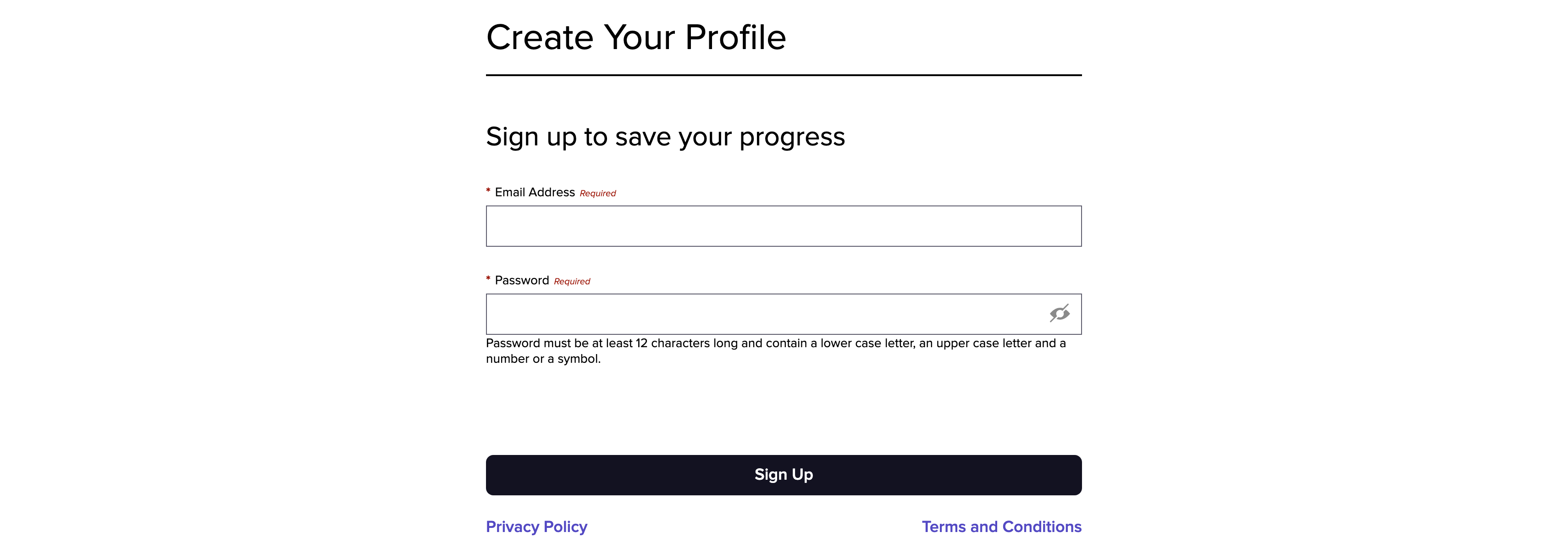 A Screenshot of the email address and password fields on the sign up screen